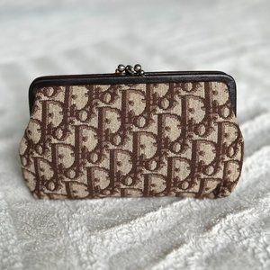 Vintage Christian Dior Brown Trotter Canvas Double Kiss Lock Wallet/Pouch/Clutch
